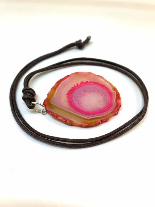 Blue Agate Slab Pendant Necklace Adjustable Leather Cord
