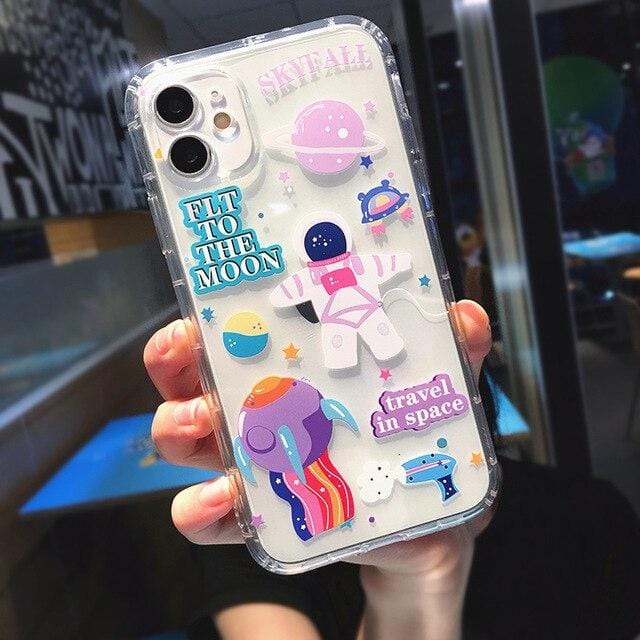 Cartoon Astronaut Planet Transparent iPhone Case