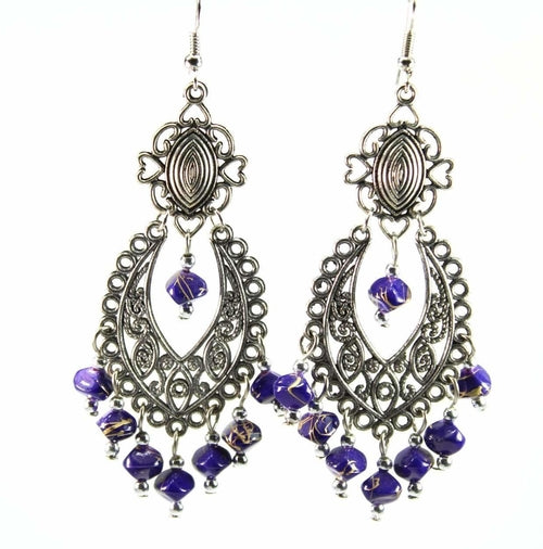 Blue Boho Scrollwork Silver Tone Dangle Statement Earrings