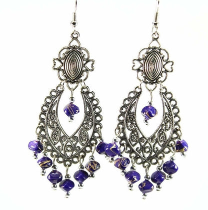 Blue Boho Scrollwork Silver Tone Dangle Statement Earrings