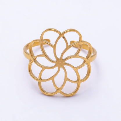 PVD Gold Stainless Steel Open Minimalist Flower Statement Ring | Rings-00323