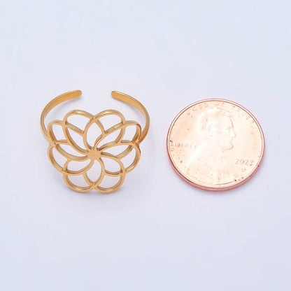 PVD Gold Stainless Steel Open Minimalist Flower Statement Ring | Rings-00323