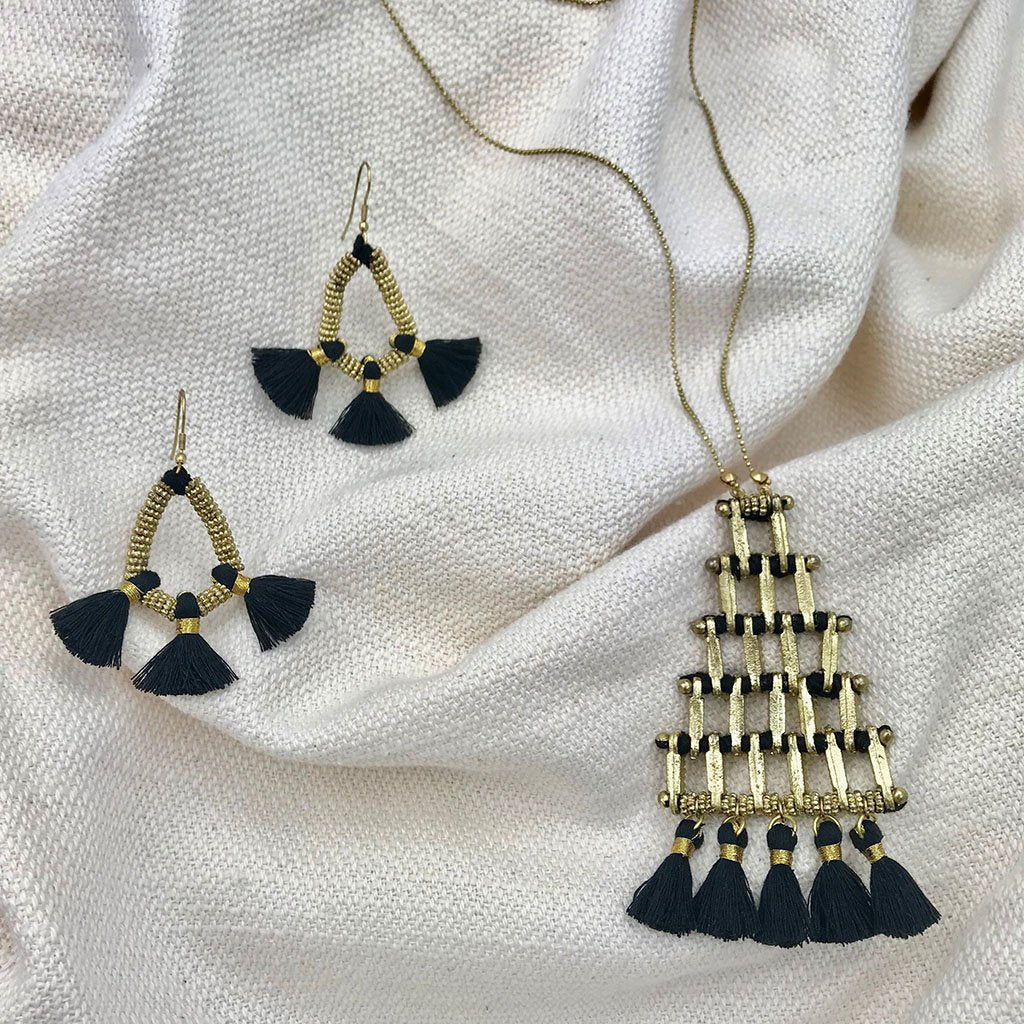 Pyramid Necklace Long Pendant With Cotton Tassel Zinc Alloy Boho Layered Chain