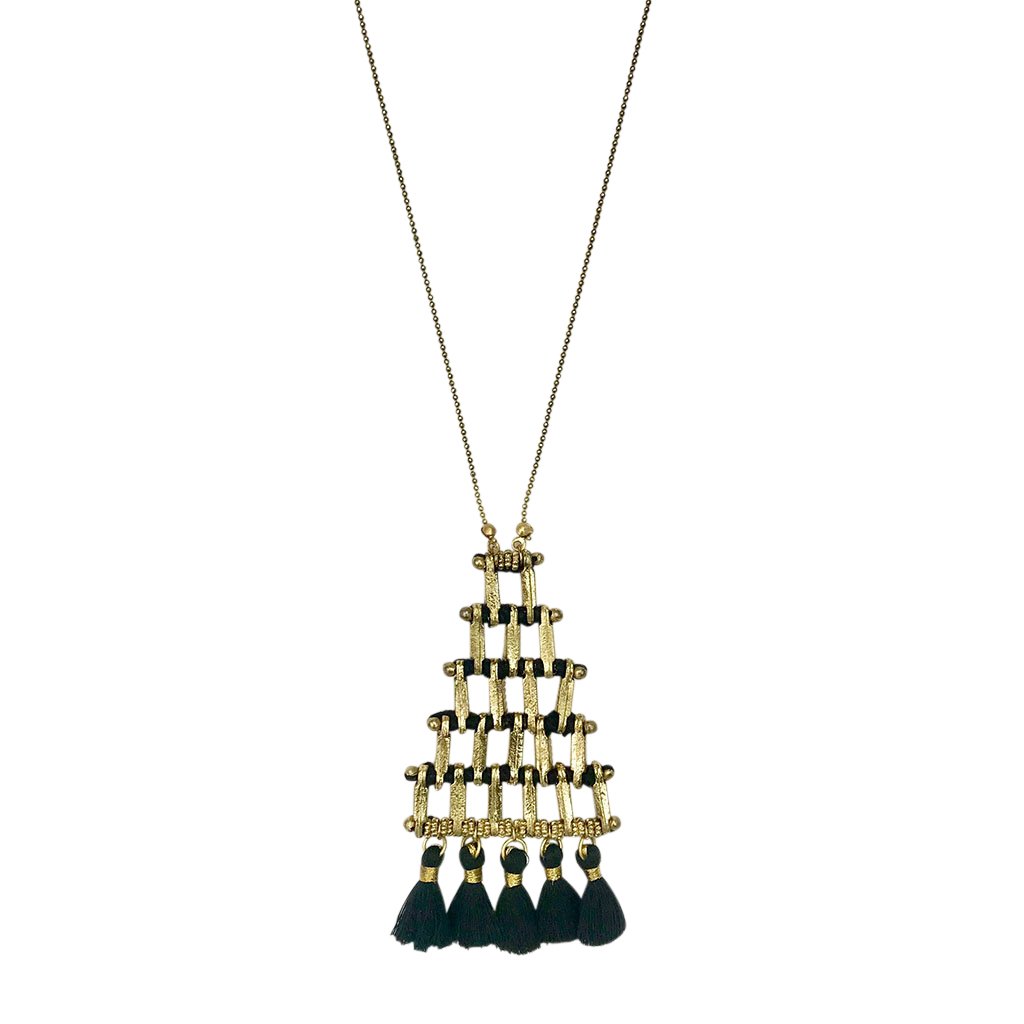 Pyramid Necklace Long Pendant With Cotton Tassel Zinc Alloy Boho Layered Chain