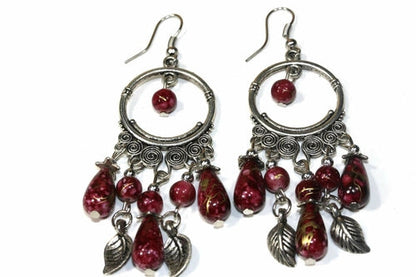 Black Bead Dangle Earrings Boho Chandelier Silver Leaf