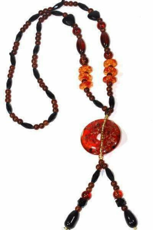 Red Circle Pendant Shimmer Necklace Long Beaded Boho