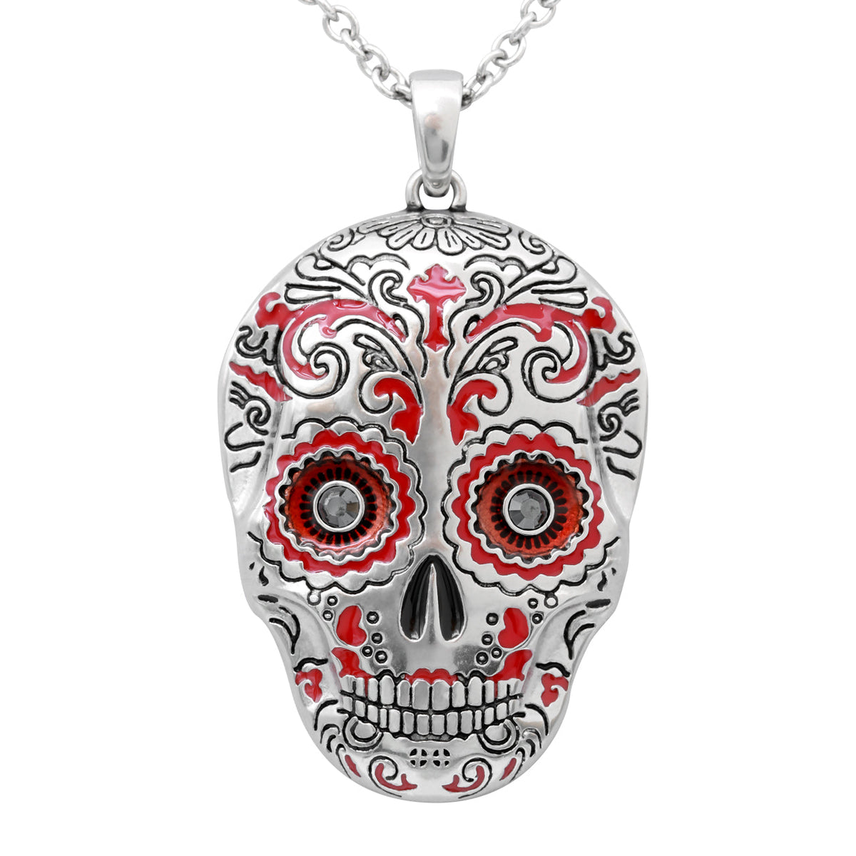 Red Sugar Skull Gothic Necklace Crystal Pendant For Women