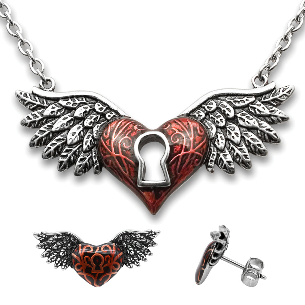 Red Winged Heart Necklace And Earrings Jewelry Gift Set