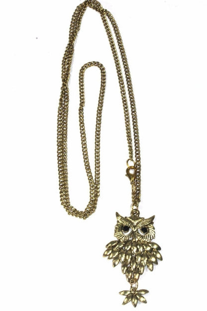 Rising Owl Long Pendant Necklace Gold Tone Vintage Boho