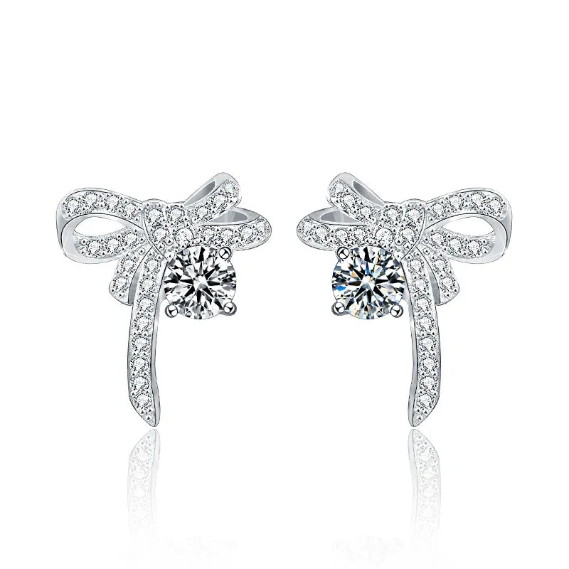 Moissanite Bow Stud and Drop Earrings in Sterling Silver