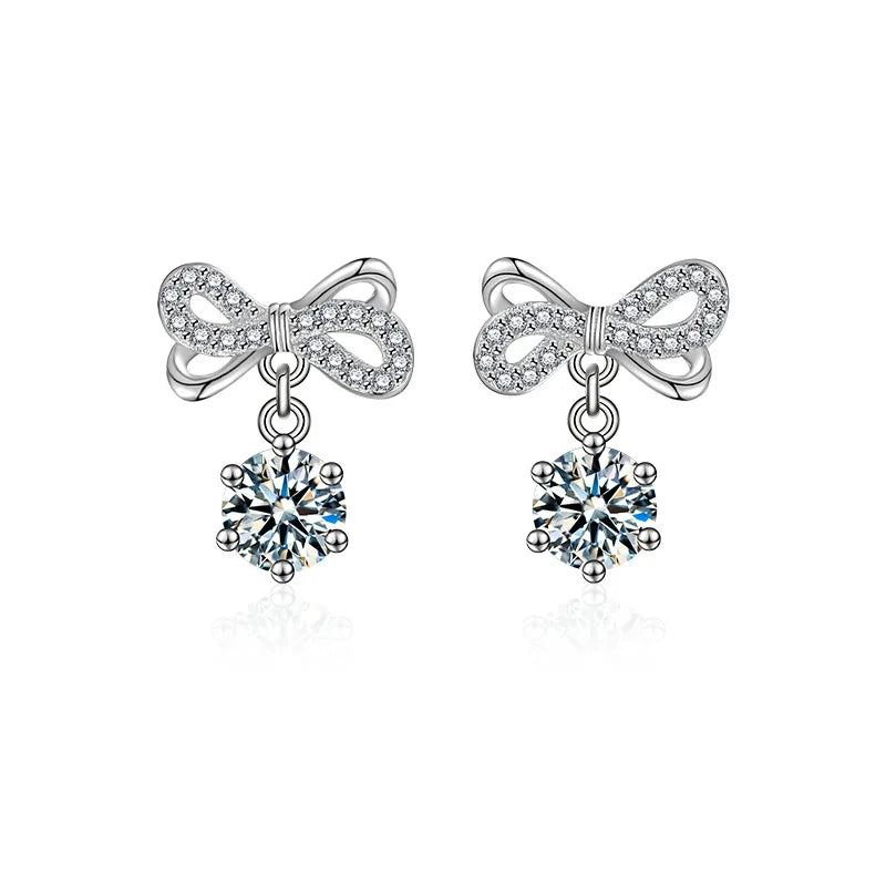 Moissanite Bow Stud and Drop Earrings in Sterling Silver