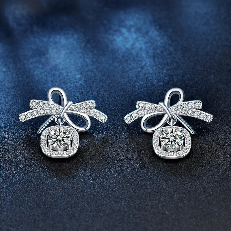 Moissanite Bow Stud and Drop Earrings in Sterling Silver