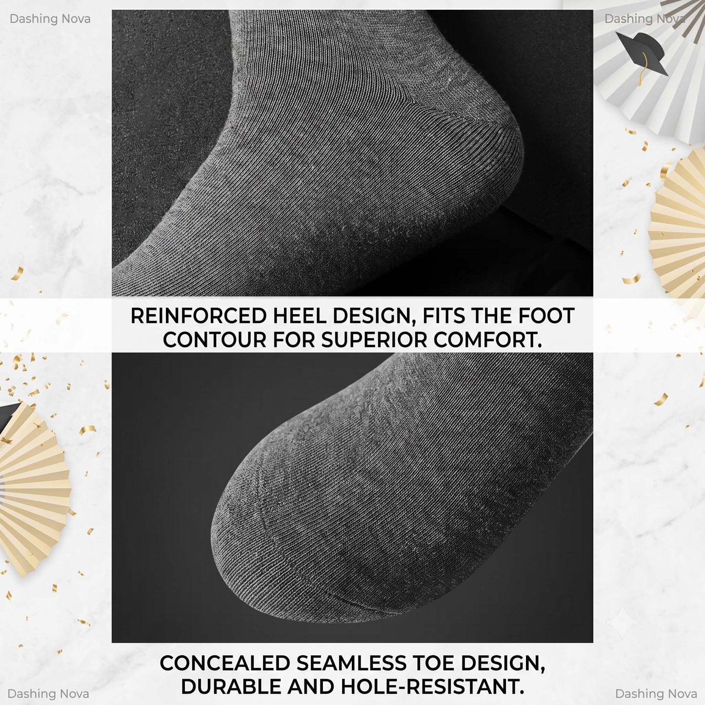 Seamless Toe Dress Socks, 5 Pairs Cotton Blend Unisex Size 7-12