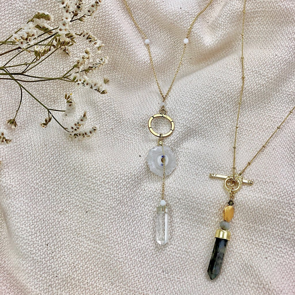 Solar Quartz Y Necklace With Polished Crystal Drop, Protective Energy Pendant