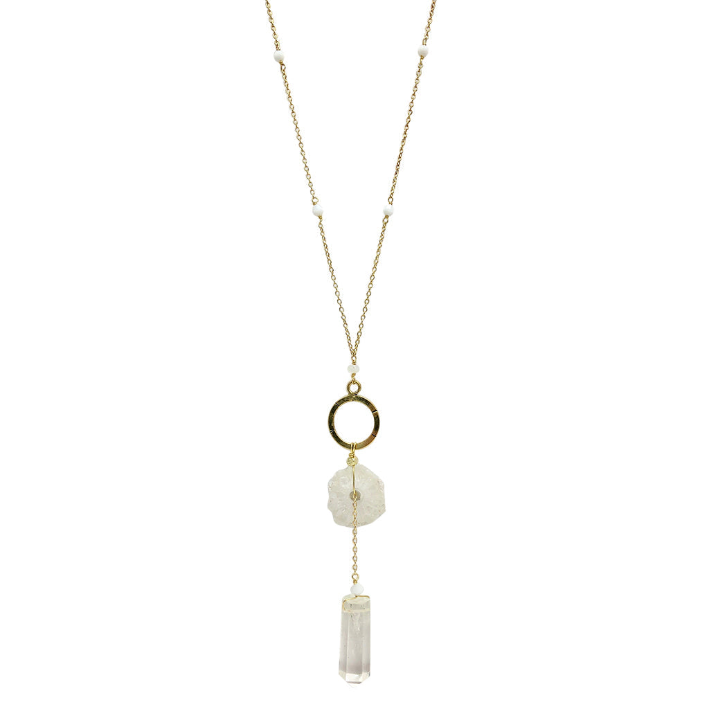 Solar Quartz Y Necklace With Polished Crystal Drop, Protective Energy Pendant