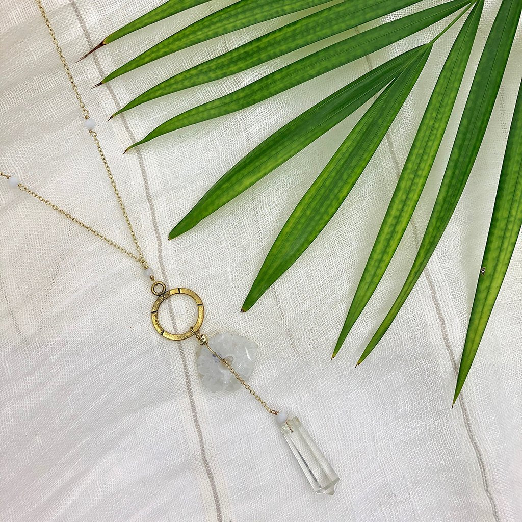 Solar Quartz Y Necklace With Polished Crystal Drop, Protective Energy Pendant