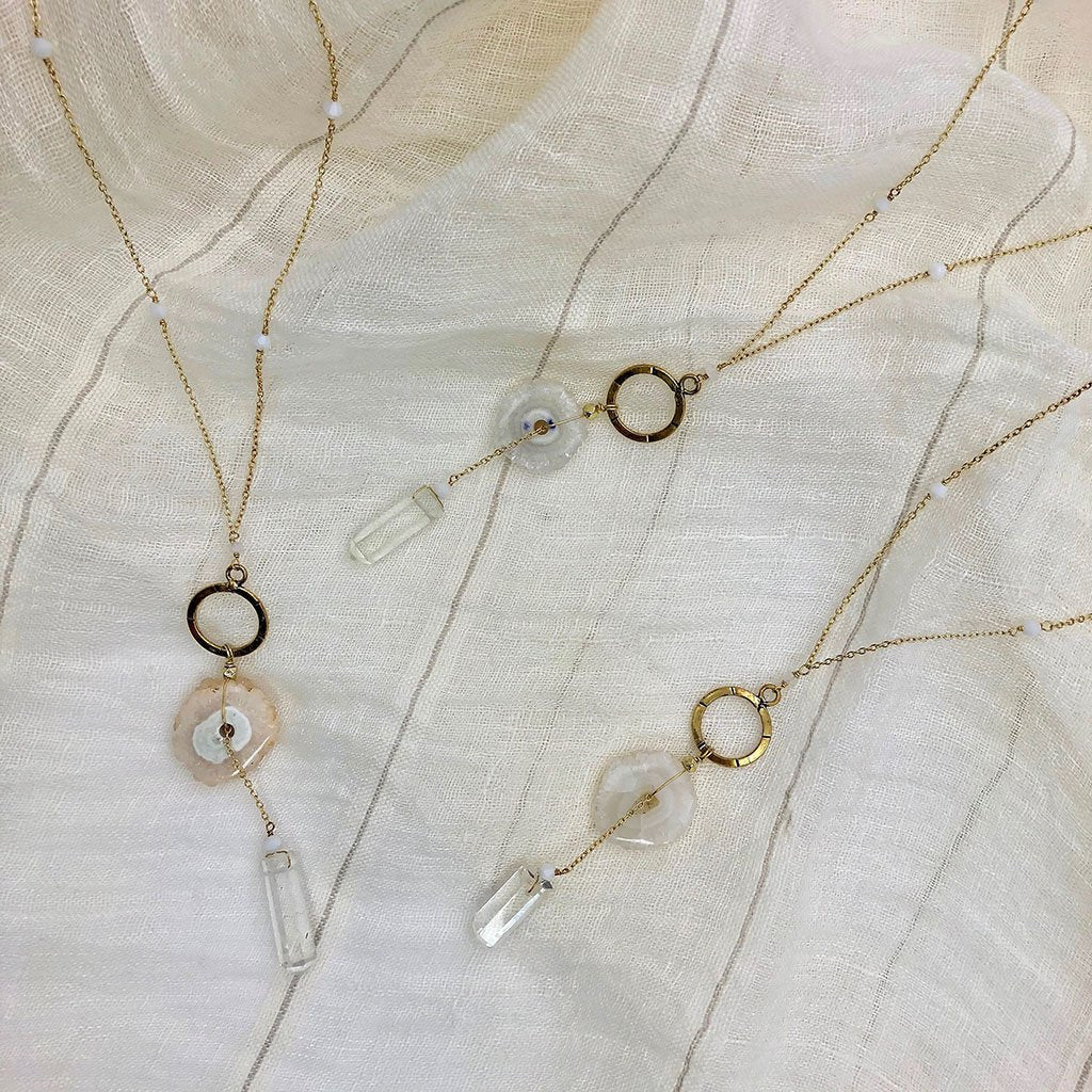 Solar Quartz Y Necklace With Polished Crystal Drop, Protective Energy Pendant