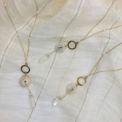 Solar Quartz Y Necklace With Polished Crystal Drop, Protective Energy Pendant