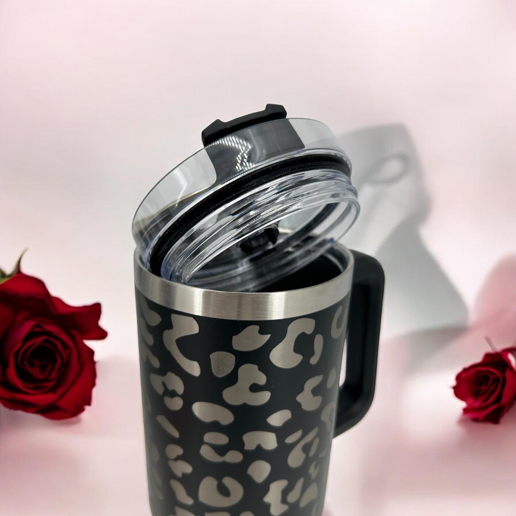 Engraved Leopard Print 40 oz Tumbler with Handle and Straw Lid