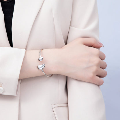 Stainless Steel Silver PVD Minimalist Molten Heart Bean Oval Wrap Cuff Bracelet | WA-01233