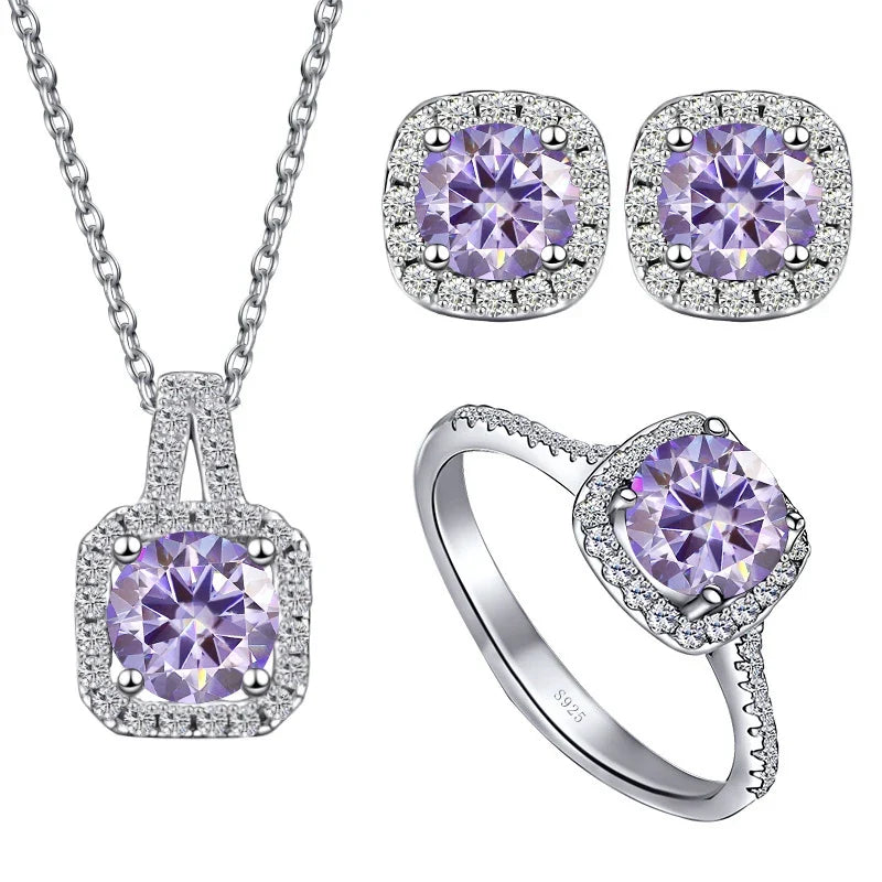 Colored Cushion Halo Moissanite Necklace, Earrings & Ring Set