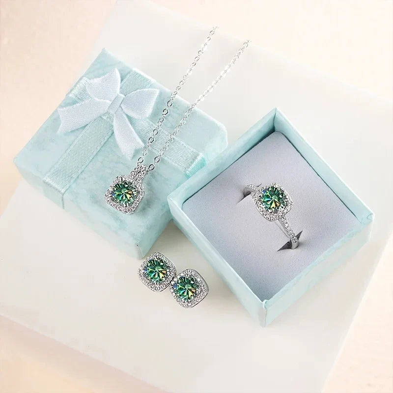 Colored Cushion Halo Moissanite Necklace, Earrings & Ring Set