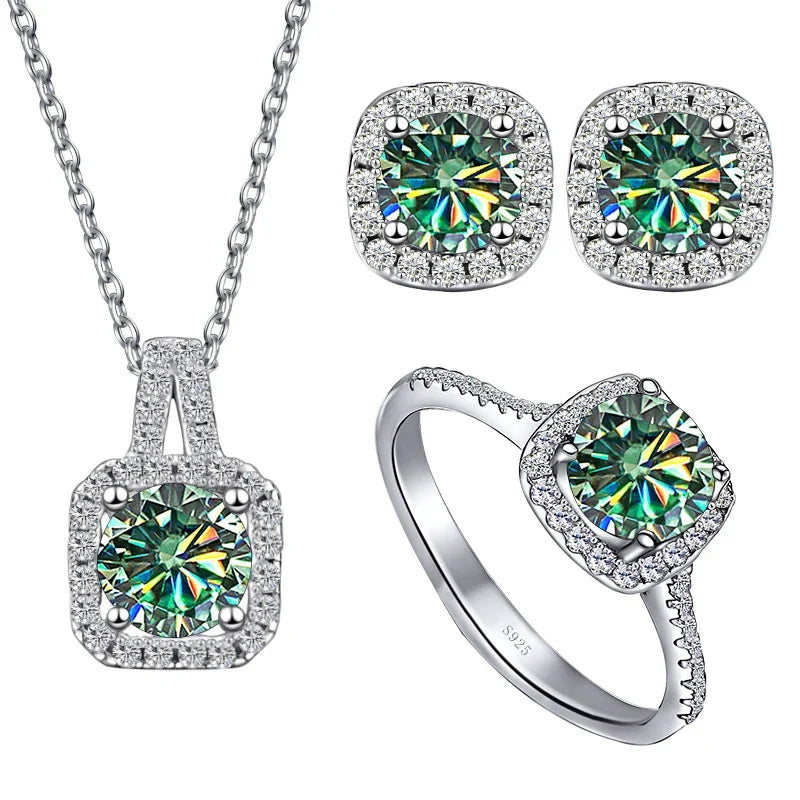 Colored Cushion Halo Moissanite Necklace, Earrings & Ring Set