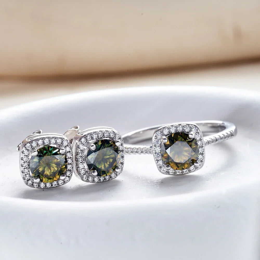 Colored Cushion Halo Moissanite Necklace, Earrings & Ring Set