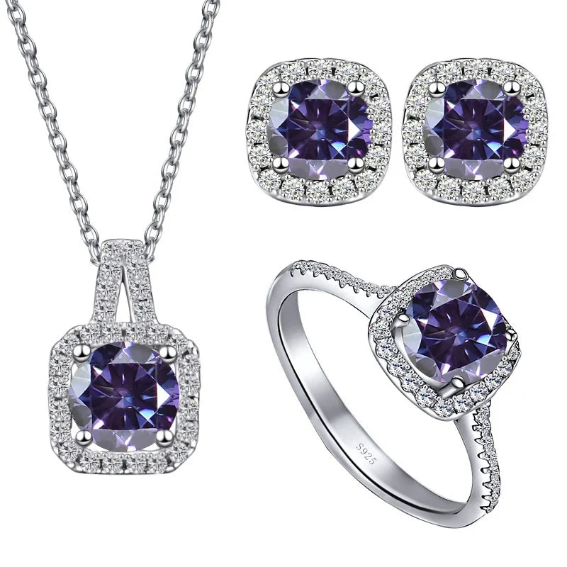 Colored Cushion Halo Moissanite Necklace, Earrings & Ring Set