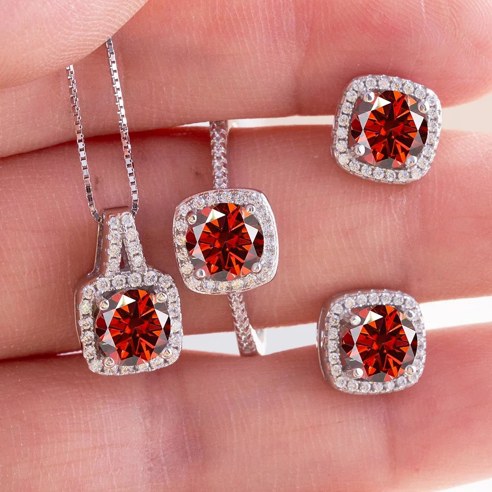Colored Cushion Halo Moissanite Necklace, Earrings & Ring Set