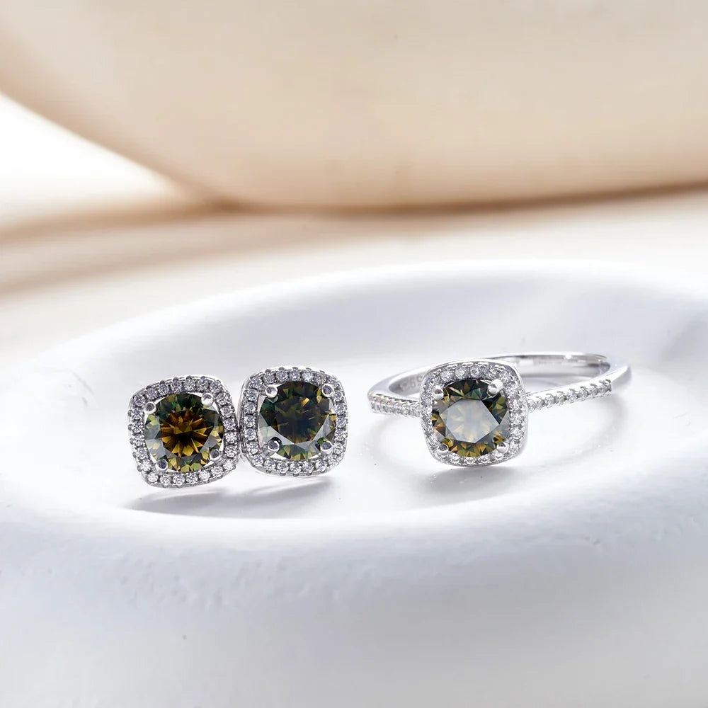 Colored Cushion Halo Moissanite Necklace, Earrings & Ring Set
