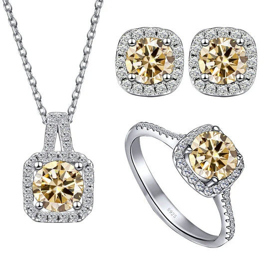Colored Cushion Halo Moissanite Necklace, Earrings & Ring Set