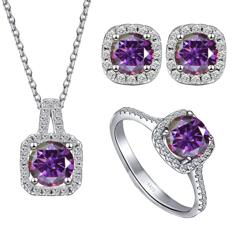 Colored Cushion Halo Moissanite Necklace, Earrings & Ring Set
