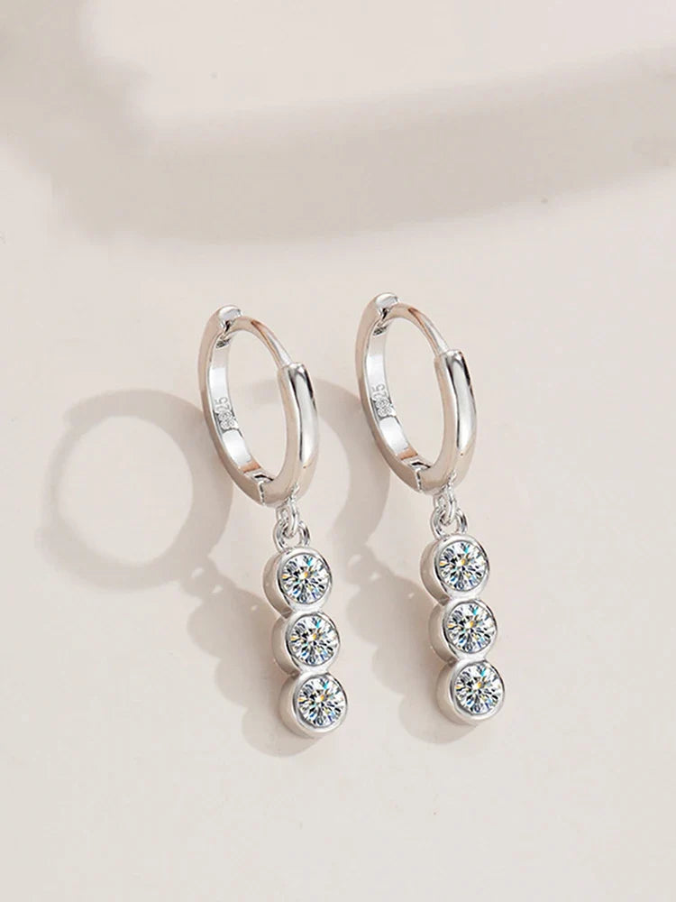 Three-Stone Moissanite Hoop Drop Earrings in Sterling Silver