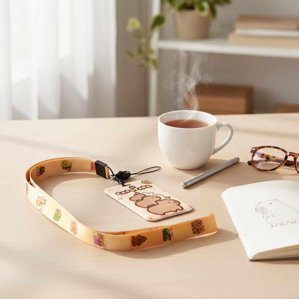 Student ID Badge Holder with Capybara Design and Lanyard