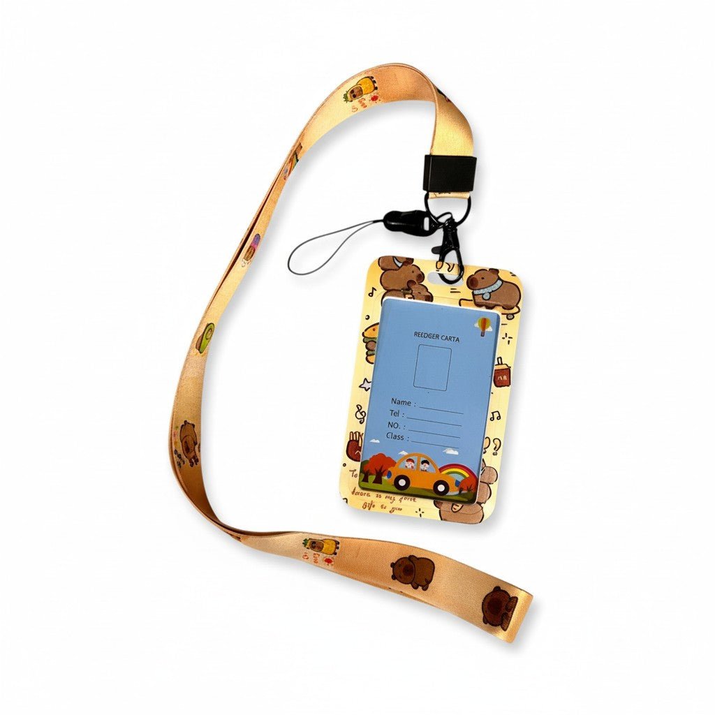 Student ID Badge Holder with Capybara Design and Lanyard