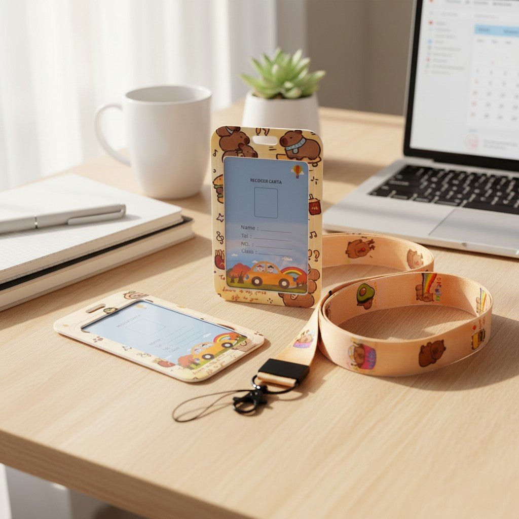 Student ID Badge Holder with Capybara Design and Lanyard