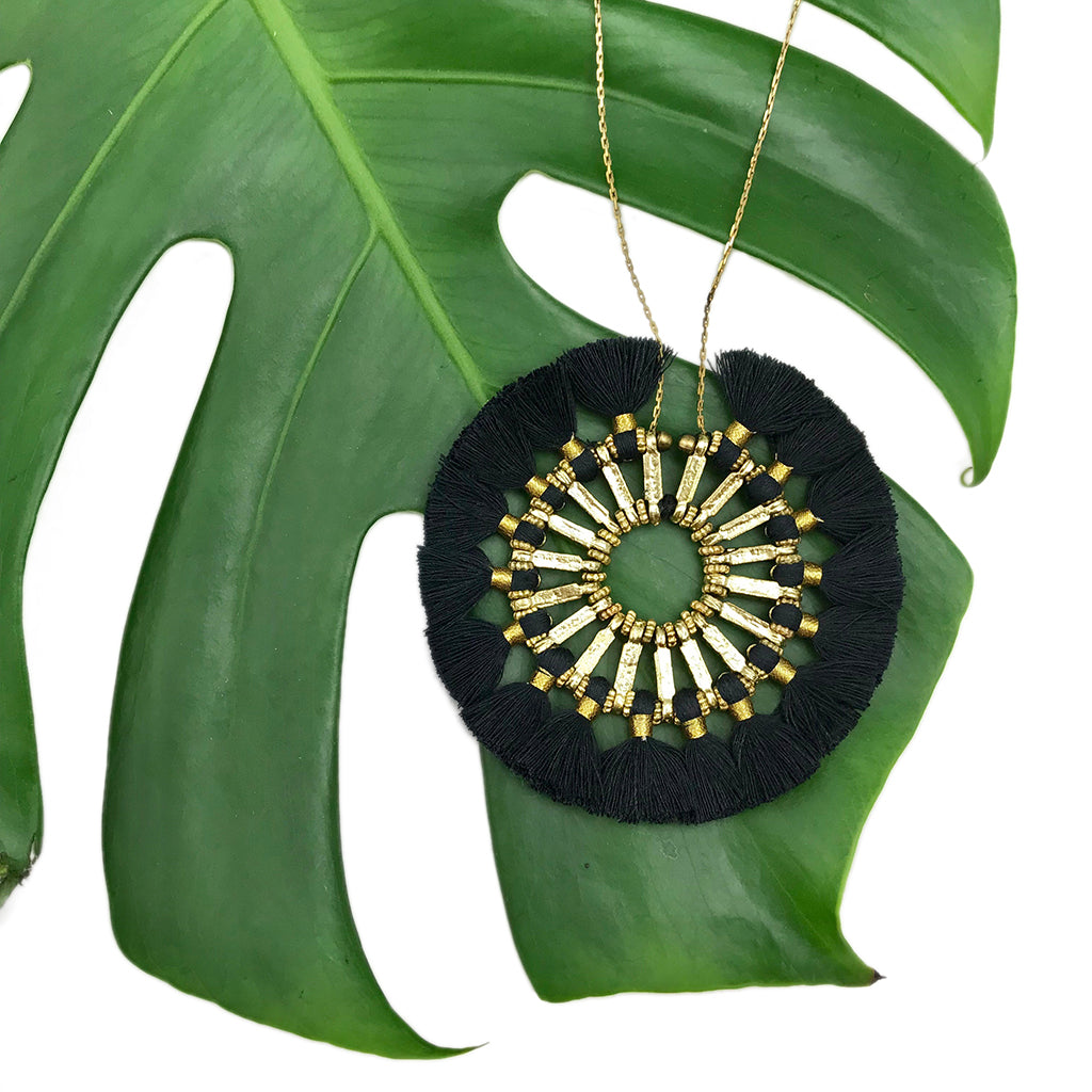 Tassel Halo Necklace Cotton Tassel Boho Statement Pendant 18.5in Chain