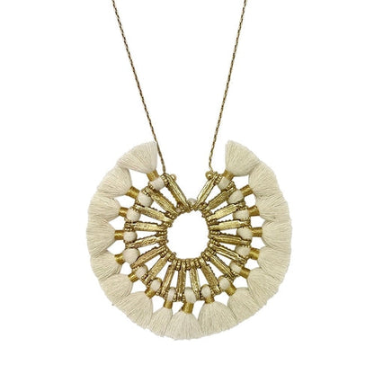 Tassel Halo Necklace Cotton Tassel Boho Statement Pendant 18.5in Chain