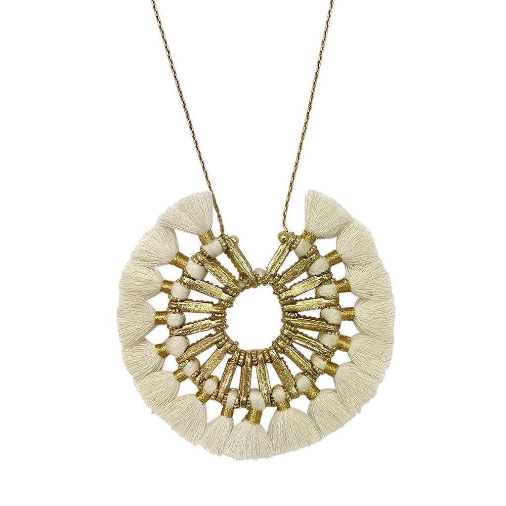 Tassel Halo Necklace Cotton Tassel Boho Statement Pendant 18.5in Chain