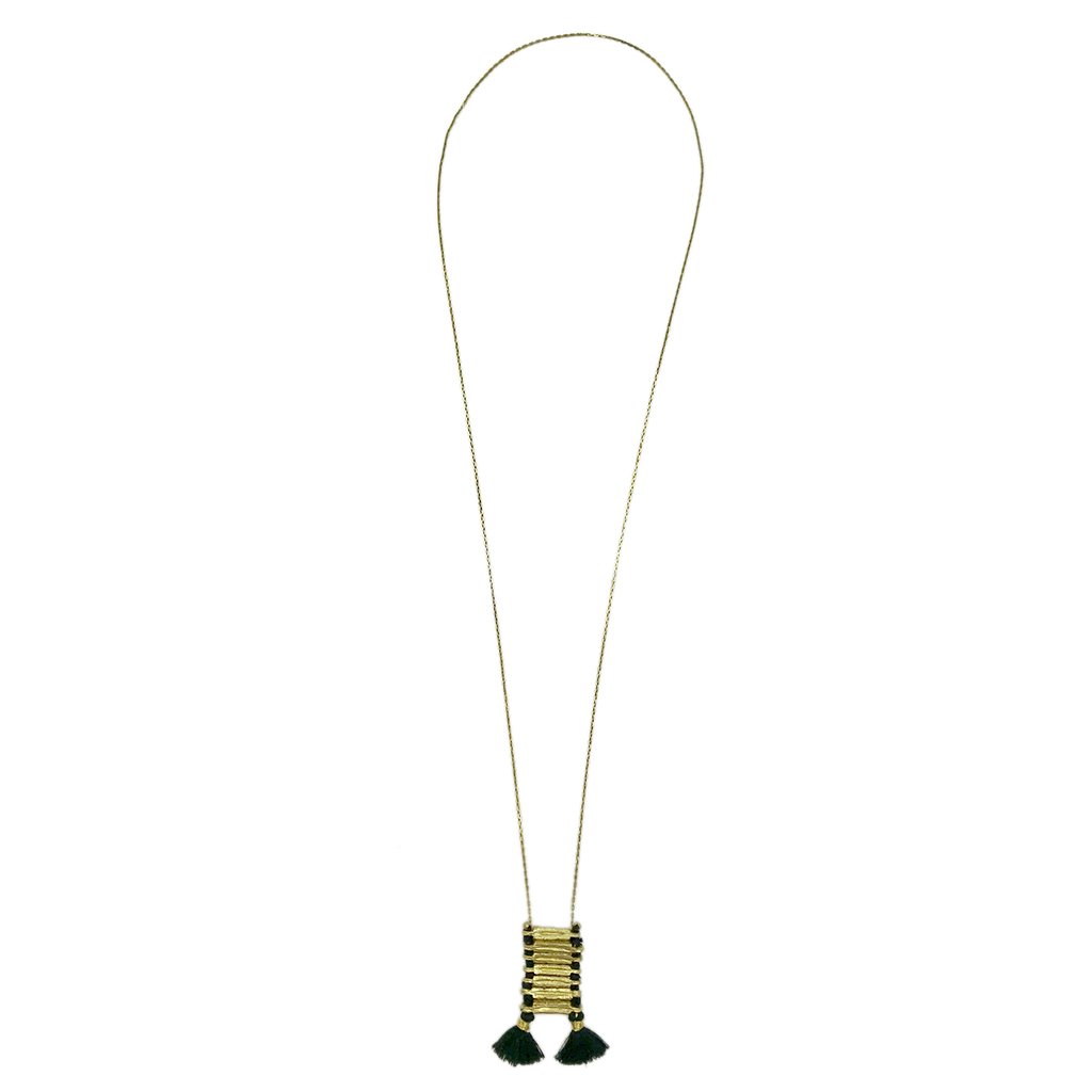 Temple Necklace Boho Indian Oxidized Zinc Alloy Cotton Tassel 17in Handmade