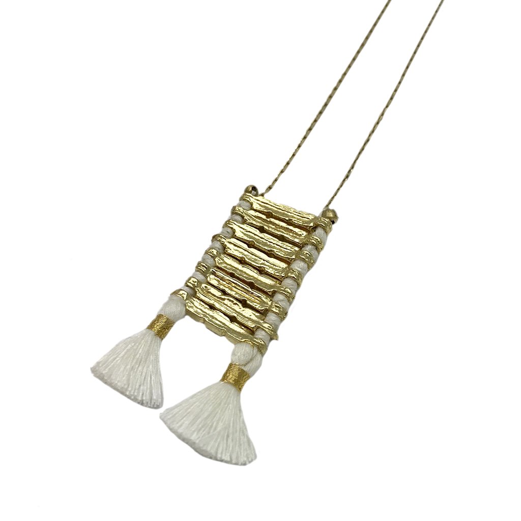 Temple Necklace Boho Indian Oxidized Zinc Alloy Cotton Tassel 17in Handmade