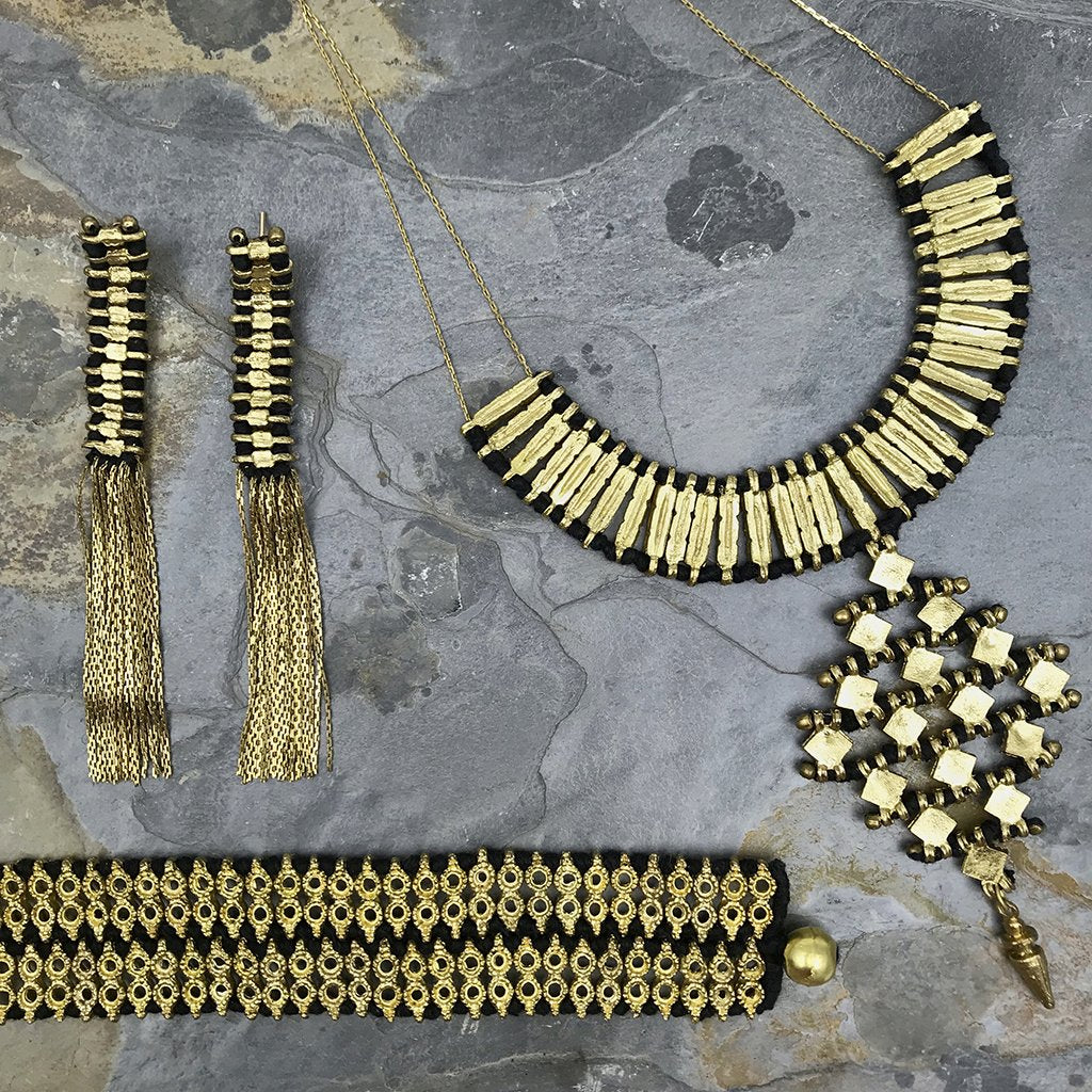 Temple Statement Necklace Long Boho Indian Design Zinc Alloy With Cotton Thread