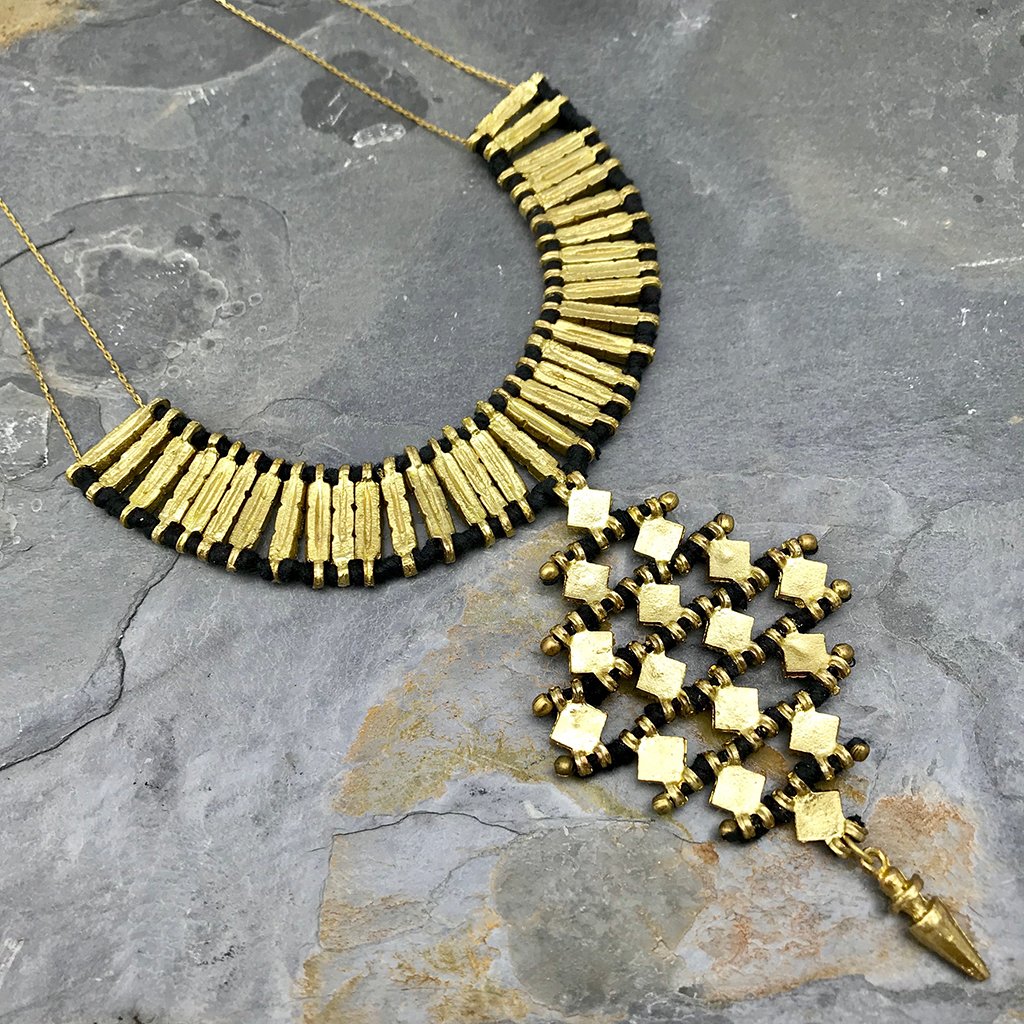 Temple Statement Necklace Long Boho Indian Design Zinc Alloy With Cotton Thread