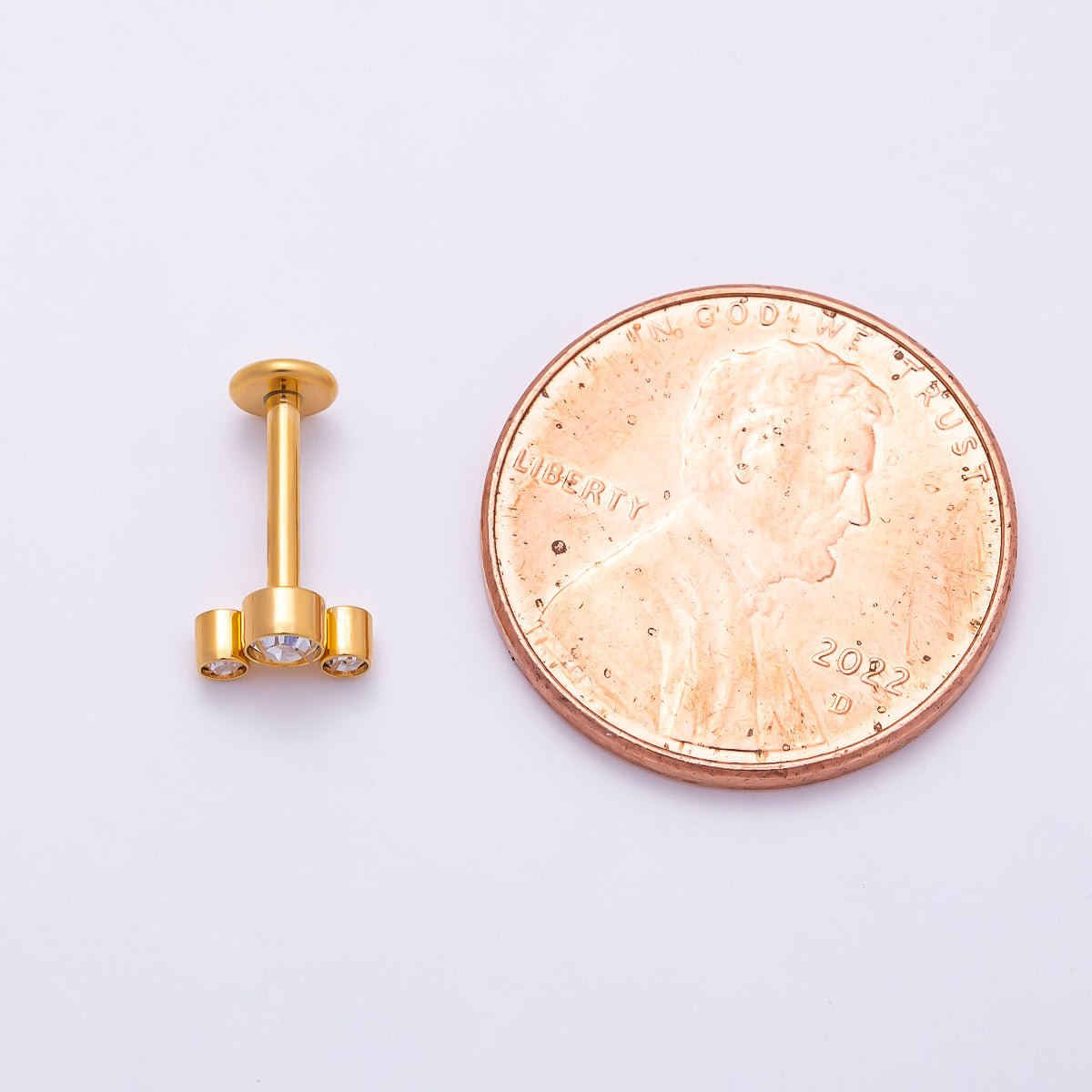 Titanium 11mm Triple Round CZ Bezel Cartilage Piercing Flat Back Stud in Gold & Silver | BJ-00209 BJ-00210