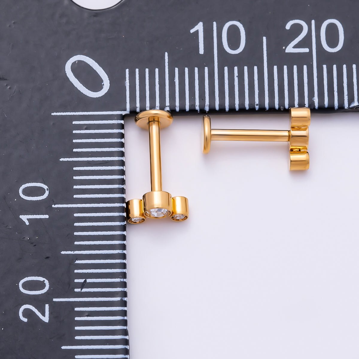 Titanium 11mm Triple Round CZ Bezel Cartilage Piercing Flat Back Stud in Gold & Silver | BJ-00209 BJ-00210