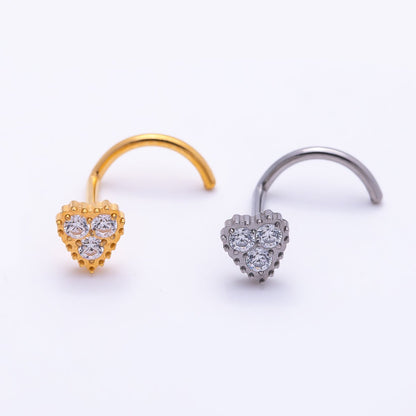 Titanium 4mm CZ Heart Cartilage Nose Single Piercing Flat Back Stud in Gold & Silver | BJ-00224 BJ-00225