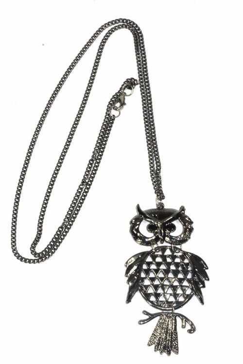 Wide Eyed Owl Pendant Necklace Long Chain Vintage Silver