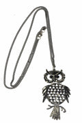 Wide Eyed Owl Pendant Necklace Long Chain Vintage Silver
