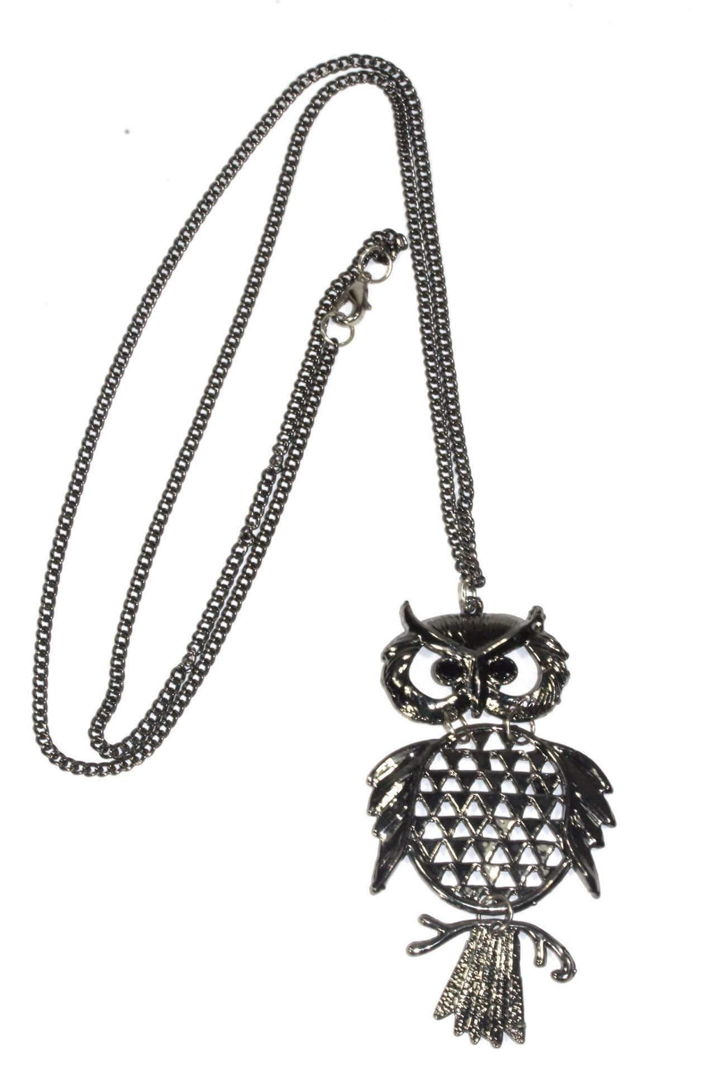 Wide Eyed Owl Pendant Necklace Long Chain Vintage Silver